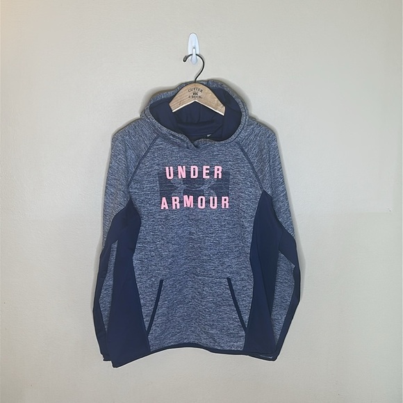 Under Armour Hooded Sweatshirt Womens Size Large Kangaroo Pocket Blue Pink - Picture 2 of 12